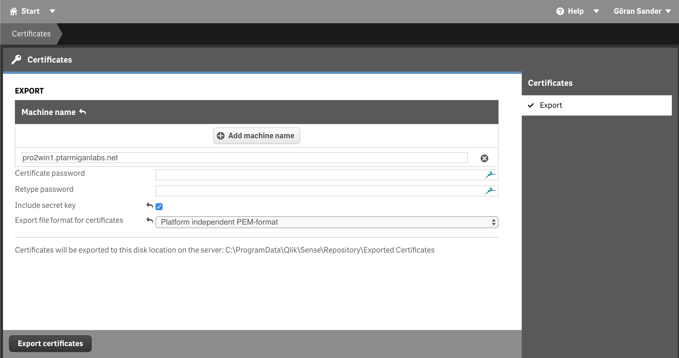 Exporting certificates from Qlik, step 2 Qlik Sense certificate export