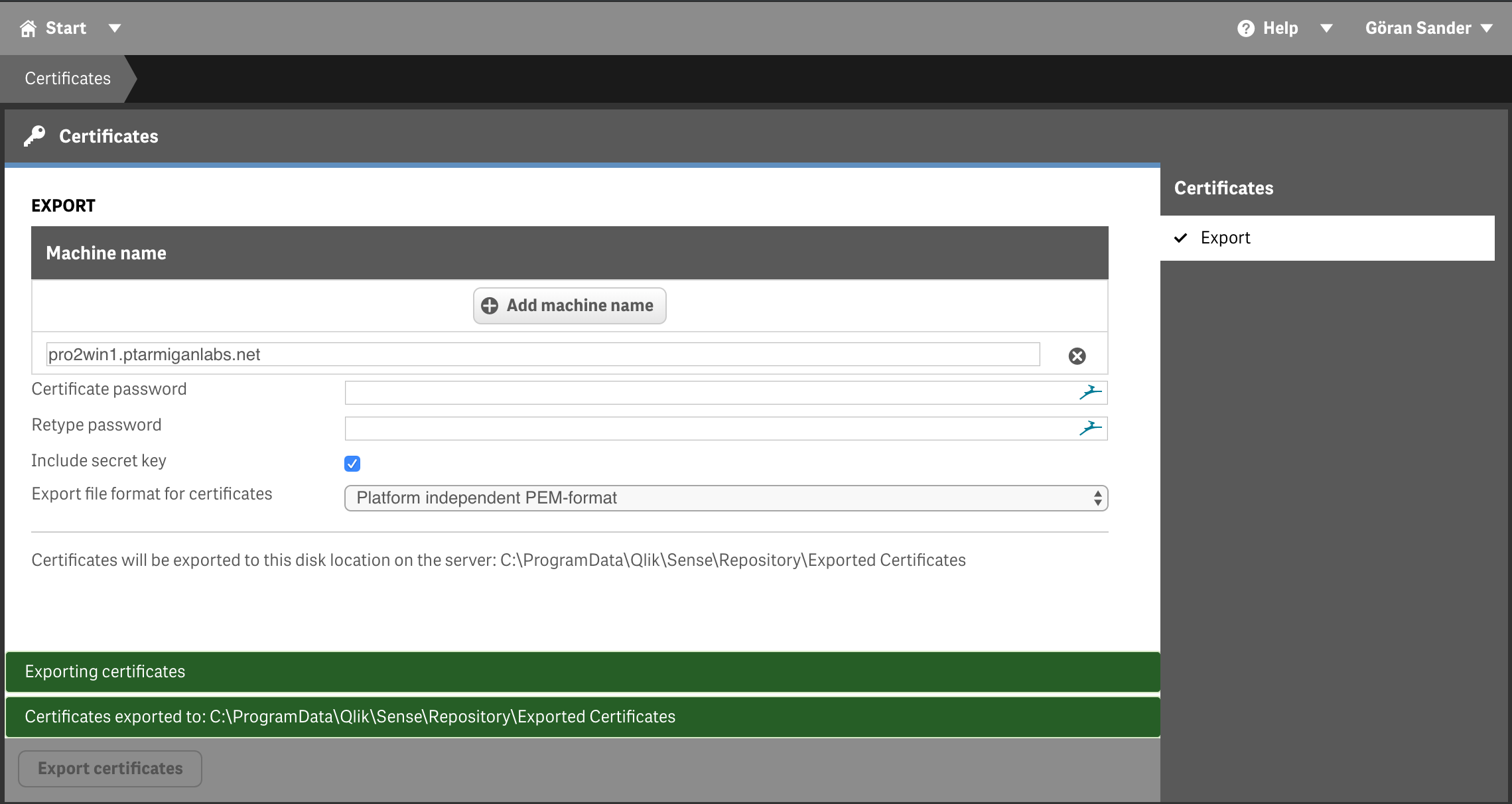 Exporting certificates from Qlik - all done! Qlik Sense certificate export